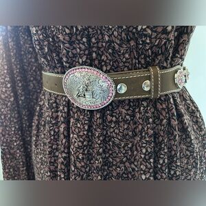Nocona Buckles pink heart bling Brown Leather Belt with Silver Buckle sparkle